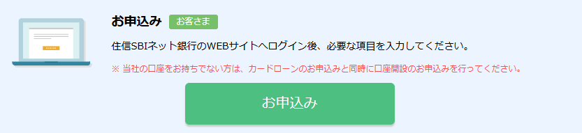 住信SBIネット銀行のWEBサイトへログイン後カードローンに申し込む手順を示す画像